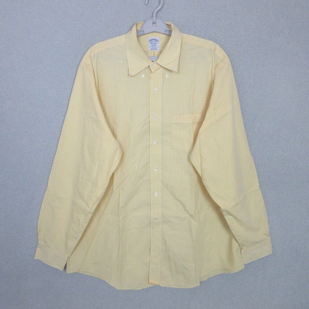 Brooks Brothers Dress Shirt Mens 17.5 36 Yellow Gingham Regent Non Iron Supima